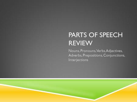 PARTS OF SPEECH REVIEW Nouns, Pronouns, Verbs, Adjectives, Adverbs, Prepositions, Conjunctions, Interjections.