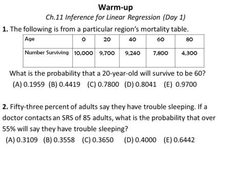 Warm-up Ch.11 Inference for Linear Regression (Day 1) 1. The following is from a particular region’s mortality table. What is the probability that a 20-year-old.