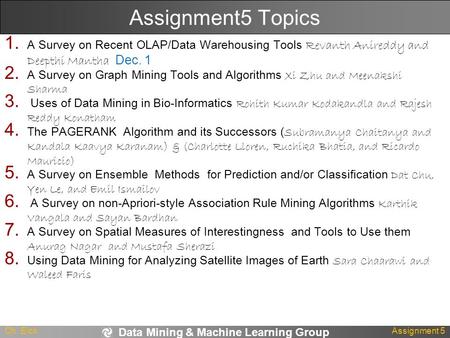 Data Mining & Machine Learning Group Ch. EickAssignment 5 Assignment5 Topics 1. A Survey on Recent OLAP/Data Warehousing Tools Revanth Anireddy and Deepthi.