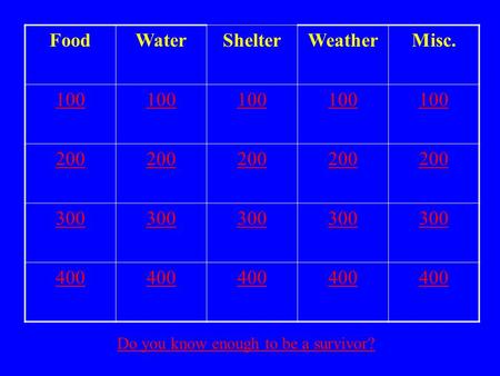 FoodWaterShelterWeatherMisc. 100 200 300 400 Do you know enough to be a survivor?