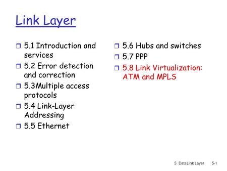 5: DataLink Layer5-1 Link Layer r 5.1 Introduction and services r 5.2 Error detection and correction r 5.3Multiple access protocols r 5.4 Link-Layer Addressing.