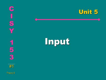 #1 Theory 5 Unit 5 Input Input. #2 Theory 5 Categories of Hardware Input*Input* ProcessingProcessing StorageStorage OutputOutput.