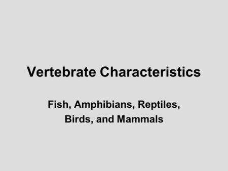 Vertebrate Characteristics Fish, Amphibians, Reptiles, Birds, and Mammals.