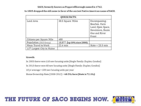 SACO, formerly known as Pepperellborough named in 1762. In 1805 dropped the old name in favor of the ancient Native American name of SACO. QUICK FACTS: