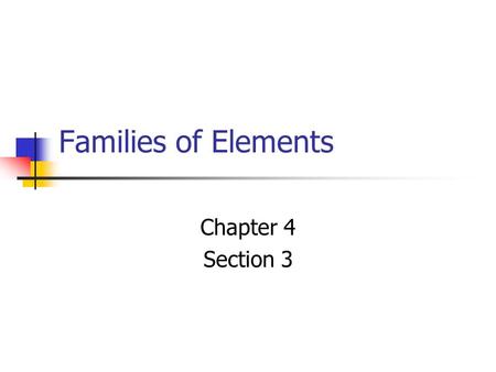 Families of Elements Chapter 4 Section 3. The groups Metals-an element that is shiny and conducts heat and electricity well. Non-metals are elements that.