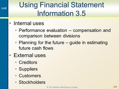 3-0 Using Financial Statement Information 3.5 Internal uses Performance evaluation – compensation and comparison between divisions Planning for the future.