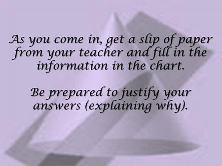 As you come in, get a slip of paper from your teacher and fill in the information in the chart. Be prepared to justify your answers (explaining why).