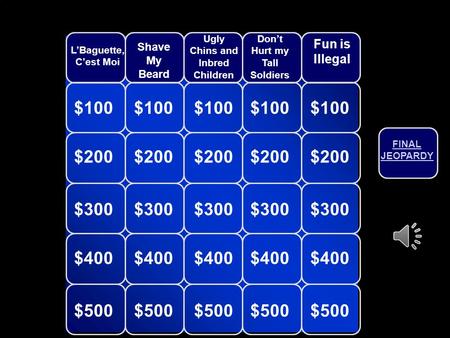 © Mark E. Damon - All Rights Reserved L’Baguette, C’est Moi Shave My Beard Ugly Chins and Inbred Children Don’t Hurt my Tall Soldiers Fun is Illegal $100.