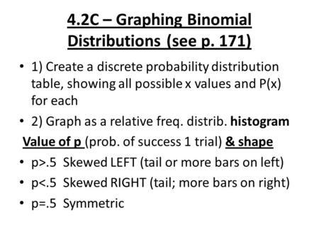 4.2C – Graphing Binomial Distributions (see p. 171) 1) Create a discrete probability distribution table, showing all possible x values and P(x) for each.