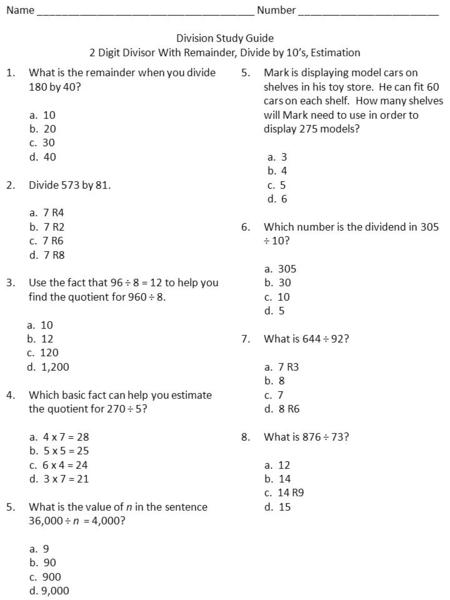 2 Digit Divisor With Remainder, Divide by 10’s, Estimation