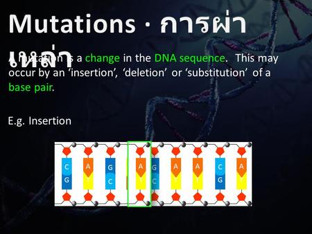 G C T A T A G C T A G C T A G C T A A mutation is a change in the DNA sequence. This may occur by an ‘insertion’, ‘deletion’ or ‘substitution’ of a base.