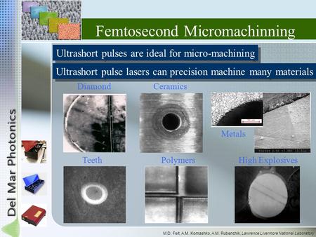 Femtosecond Micromachinning Metals CeramicsDiamond Teeth High Explosives Ultrashort pulses are ideal for micro-machining Ultrashort pulse lasers can precision.