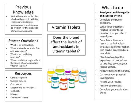 Vitamin Tablets Does the brand affect the levels of anti-oxidants in vitamin tablets? Previous Knowledge Antioxidants are molecules which will prevent.