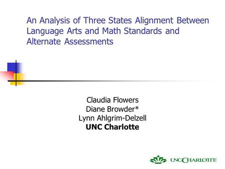 An Analysis of Three States Alignment Between Language Arts and Math Standards and Alternate Assessments Claudia Flowers Diane Browder* Lynn Ahlgrim-Delzell.