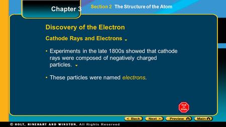 Section 2 The Structure of the Atom Discovery of the Electron Cathode Rays and Electrons Chapter 3 These particles were named electrons. Experiments in.