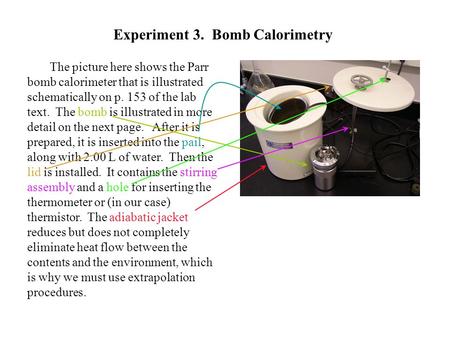 Experiment 3. Bomb Calorimetry The picture here shows the Parr bomb calorimeter that is illustrated schematically on p. 153 of the lab text. The bomb.