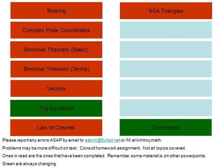 Bearing Complex Polar Coordinates Binomial Theorem (Terms) Trig Equations Law of Cosines Binomial Theorem (Basic) Vectors SSA Triangles Comments Please.