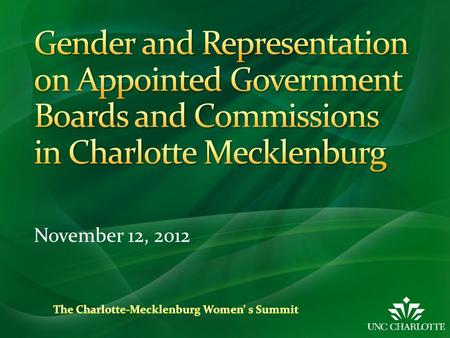 November 12, 2012. 2008 Women’s Summit reports on gender representation on local government boards and commissions in Charlotte Mecklenburg. Women held.