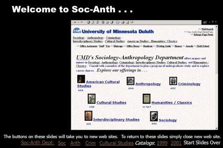 Soc-Anth Dept: SocAnthCrimCatalogs: 1999 200119992001Cultural Studies Start Slides Over The buttons on these slides will take you to new web sites. To.