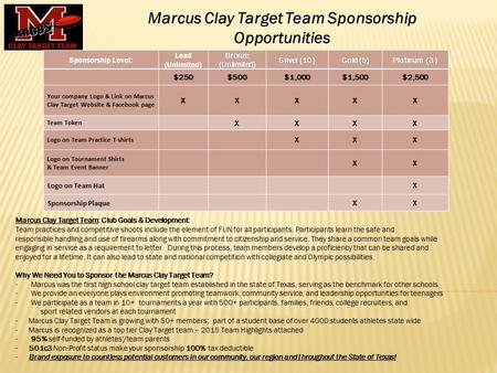 Marcus Clay Target Team: Club Goals & Development: Team practices and competitive shoots include the element of FUN for all participants. Participants.