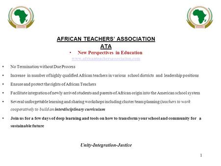 1 AFRICAN TEACHERS’ ASSOCIATION ATA New Perspectives in Education www.africanteachersassociation.com No Termination without Due Process Increase in number.