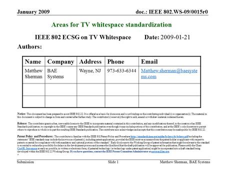 Doc.: IEEE 802.WS-09/0015r0 Submission January 2009 Matthew Sherman, BAE SystemsSlide 1 Areas for TV whitespace standardization IEEE 802 ECSG on TV Whitespace.