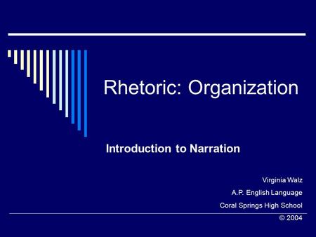 Rhetoric: Organization Introduction to Narration Virginia Walz A.P. English Language Coral Springs High School © 2004.