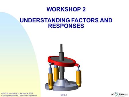 WS2-1 ADM730, Workshop 2, September 2005 Copyright  2005 MSC.Software Corporation WORKSHOP 2 UNDERSTANDING FACTORS AND RESPONSES.