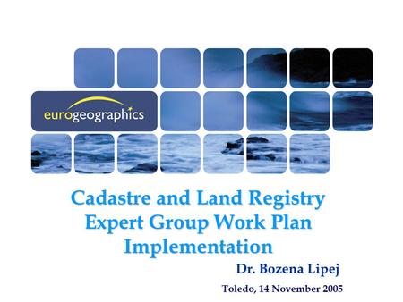 Cadastre and Land Registry Expert Group Work Plan Implementation Dr. Bozena Lipej Dr. Bozena Lipej Toledo, 14 November 2005.