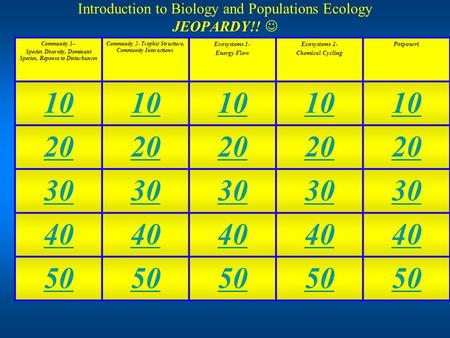 Introduction to Biology and Populations Ecology JEOPARDY!! Community 1– Species Diversity, Dominant Species, Reponse to Disturbances Community 2- Trophic.