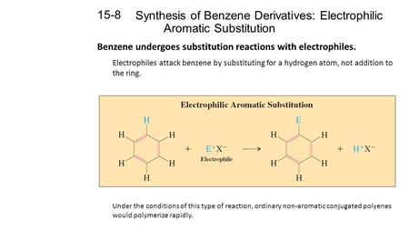 Synthesis of Benzene Derivatives: Electrophilic Aromatic Substitution 15-8 Benzene undergoes substitution reactions with electrophiles. Electrophiles attack.