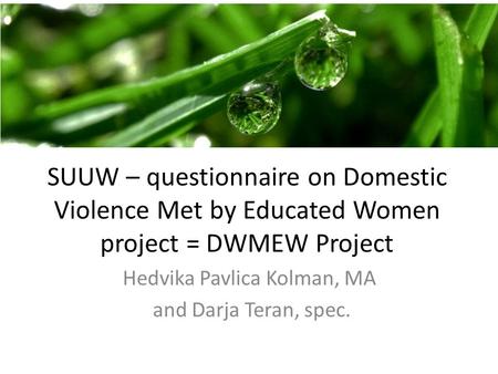 SUUW – questionnaire on Domestic Violence Met by Educated Women project = DWMEW Project Hedvika Pavlica Kolman, MA and Darja Teran, spec.