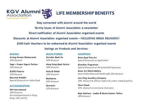 LIFE MEMBERSHIP BENEFITS Stay connected with alumni around the world Termly issues of Alumni Association e-newsletter Direct notification of Alumni Association.