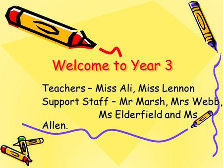 Welcome to Year 3 Teachers – Miss Ali, Miss Lennon Support Staff – Mr Marsh, Mrs Webb, Ms Elderfield and Ms Allen. Ms Elderfield and Ms Allen.