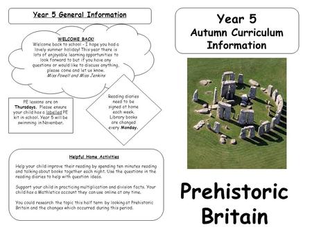 Year 5 General Information WELCOME BACK! Welcome back to school - I hope you had a lovely summer holiday! This year there is lots of enjoyable learning.