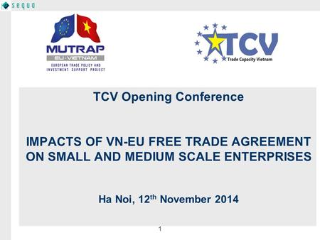 1 TCV Opening Conference IMPACTS OF VN-EU FREE TRADE AGREEMENT ON SMALL AND MEDIUM SCALE ENTERPRISES Ha Noi, 12 th November 2014.