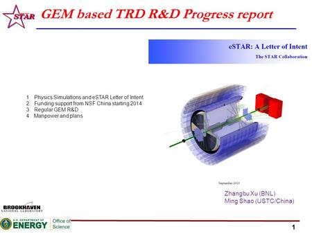 1 GEM based TRD R&D Progress report Zhangbu Xu (BNL) Ming Shao (USTC/China) 1.Physics Simulations and eSTAR Letter of Intent 2.Funding support from NSF.