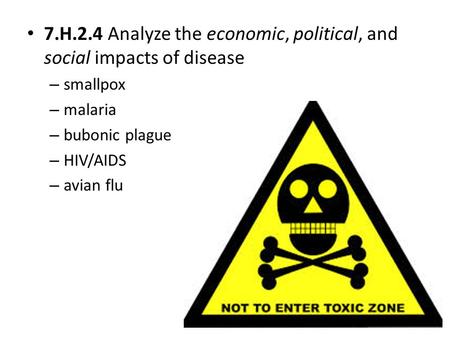 7.H.2.4 Analyze the economic, political, and social impacts of disease – smallpox – malaria – bubonic plague – HIV/AIDS – avian flu.