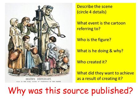 Why was this source published? Describe the scene (circle 4 details) What event is the cartoon referring to? Who is the figure? What is he doing & why?