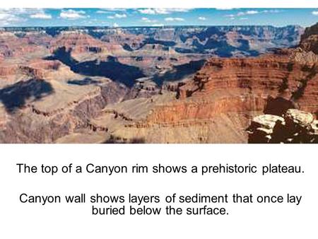 The top of a Canyon rim shows a prehistoric plateau. Canyon wall shows layers of sediment that once lay buried below the surface.