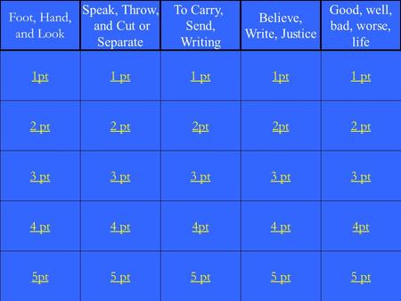 2 pt 3 pt 4 pt 5pt 1 pt 2 pt 3 pt 4 pt 5 pt 1 pt 2pt 3 pt 4pt 5 pt 1pt 2pt 3 pt 4 pt 5 pt 1 pt 2 pt 3 pt 4pt 5 pt 1pt Foot, Hand, and Look Speak, Throw,