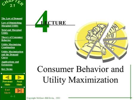 4 - 1 Copyright McGraw-Hill/Irwin, 2002 The Law of Demand Law of Diminishing Marginal Utility Total and Marginal Utility Theory of Consumer Behavior Utility.