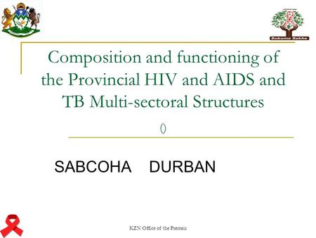 KZN Office of the Premeir Composition and functioning of the Provincial HIV and AIDS and TB Multi-sectoral Structures () SABCOHA DURBAN.