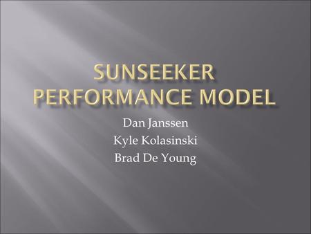 Dan Janssen Kyle Kolasinski Brad De Young.  Why use a performance model?  What the software does  The problem to be solved  Requirements  Implementation.