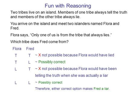 Two tribes live on an island. Members of one tribe always tell the truth and members of the other tribe always lie. You arrive on the island and meet two.