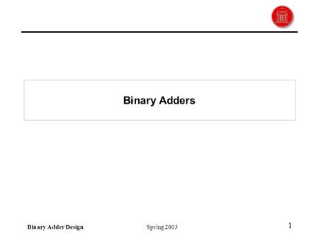 Binary Adder DesignSpring 2003 1 Binary Adders. Binary Adder DesignSpring 2003 2 n-bit Addition –Ripple Carry Adder –Conditional Sum Adder –(Carry Lookahead.