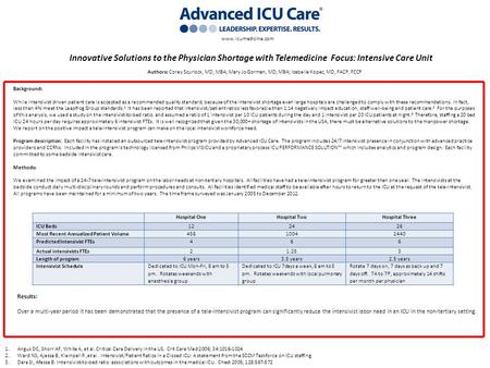 Innovative Solutions to the Physician Shortage with Telemedicine Focus: Intensive Care Unit Authors: Corey Scurlock, MD, MBA; Mary Jo Gorman, MD, MBA;