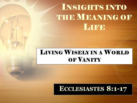 I NSIGHTS INTO THE M EANING OF L IFE E CCLESIASTES 8:1-17 L IVING W ISELY IN A W ORLD OF V ANITY.