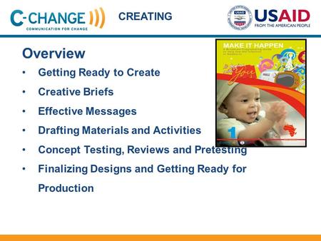 CREATING Overview Getting Ready to Create Creative Briefs Effective Messages Drafting Materials and Activities Concept Testing, Reviews and Pretesting.