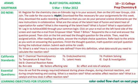 ATAMSBLAST DIGITAL AGENDA 10 – 11 College Prep Chemistry B KAUFFMAN5 Mar – 9 Mar 2012 DO NOW: M: Register for the chemistry class on Edmodo: log in to.